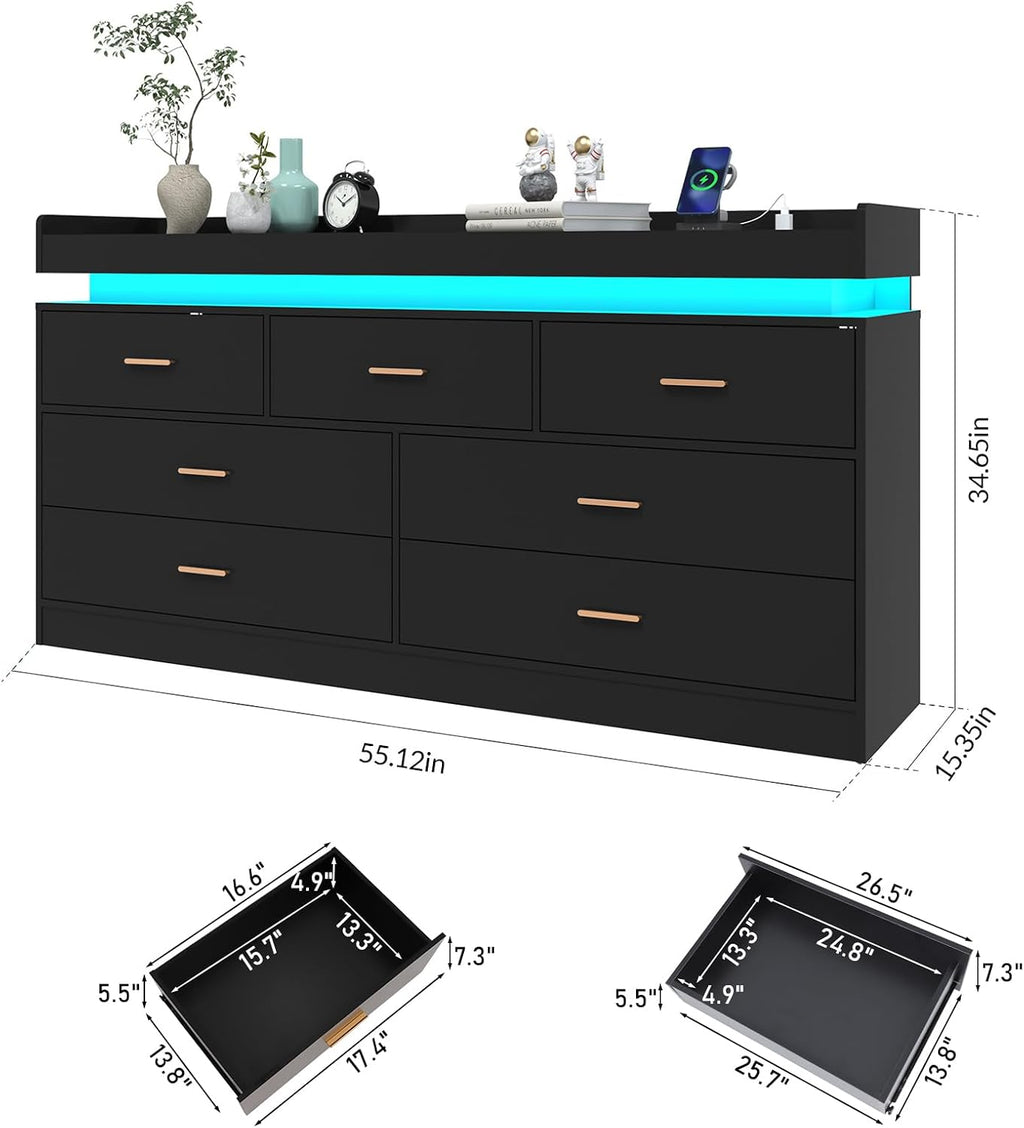 Black LED Charging 7-Drawer Modern Dresser