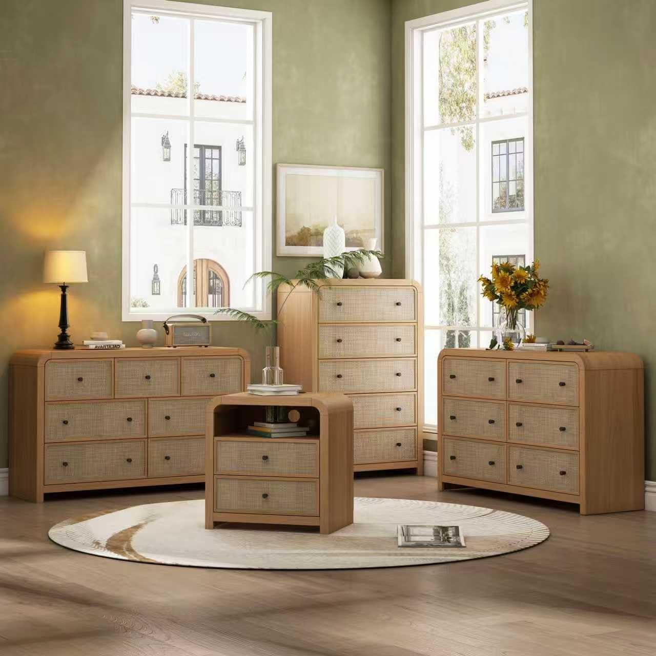Curved Oak Rattan Charging Nightstands Set of 2