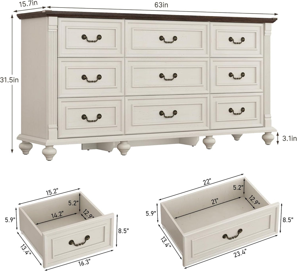Rustic White 9-Drawer Farmhouse Wood Dresser