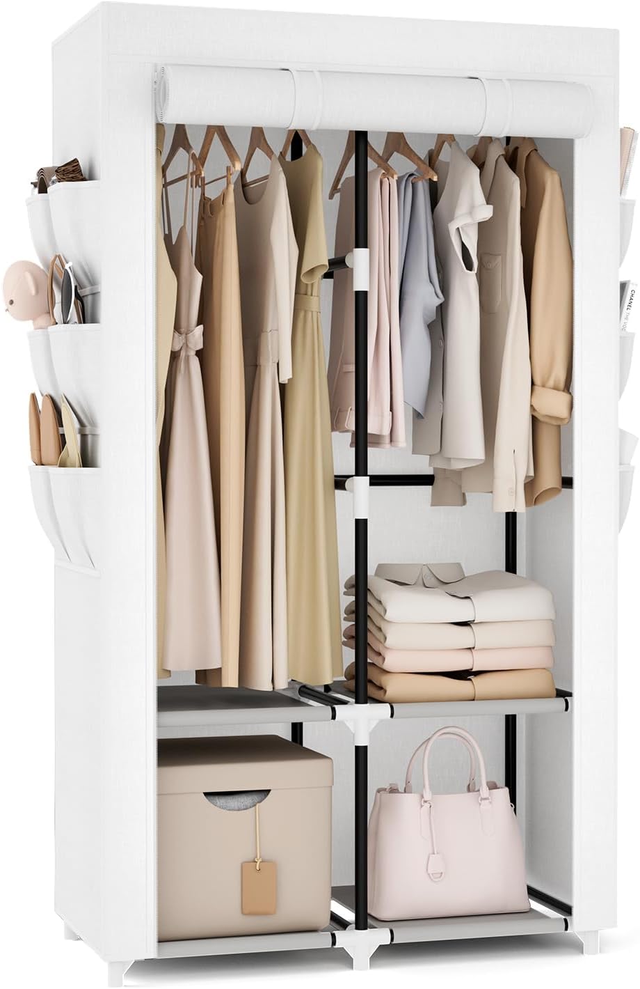 White Covered Multi-Shelf Portable Wardrobe