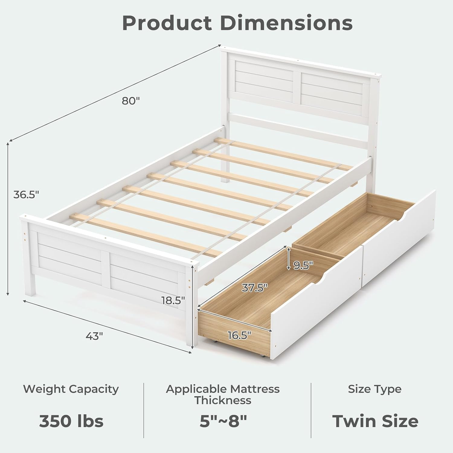 White Twin Wood Storage Drawer Bed Frame