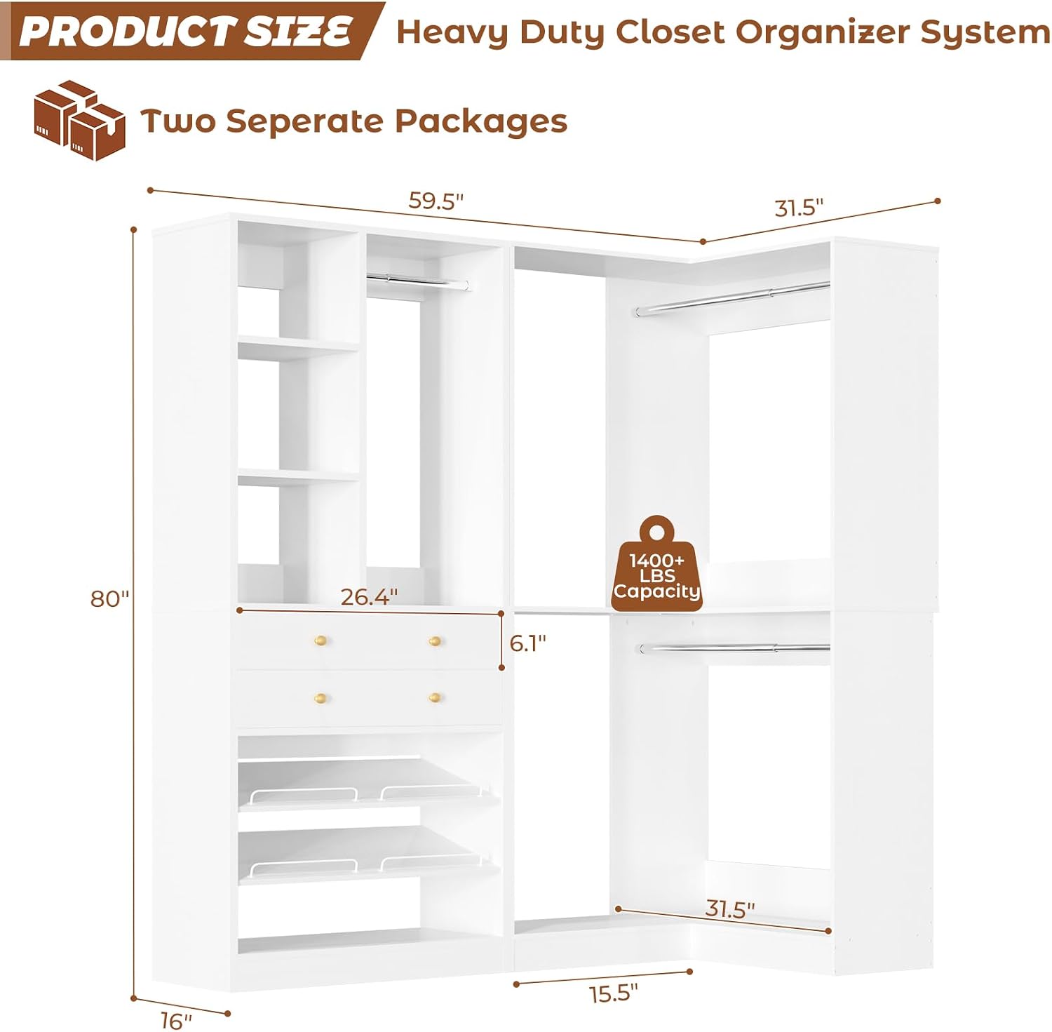White Reversible L-Shaped Corner Closet System