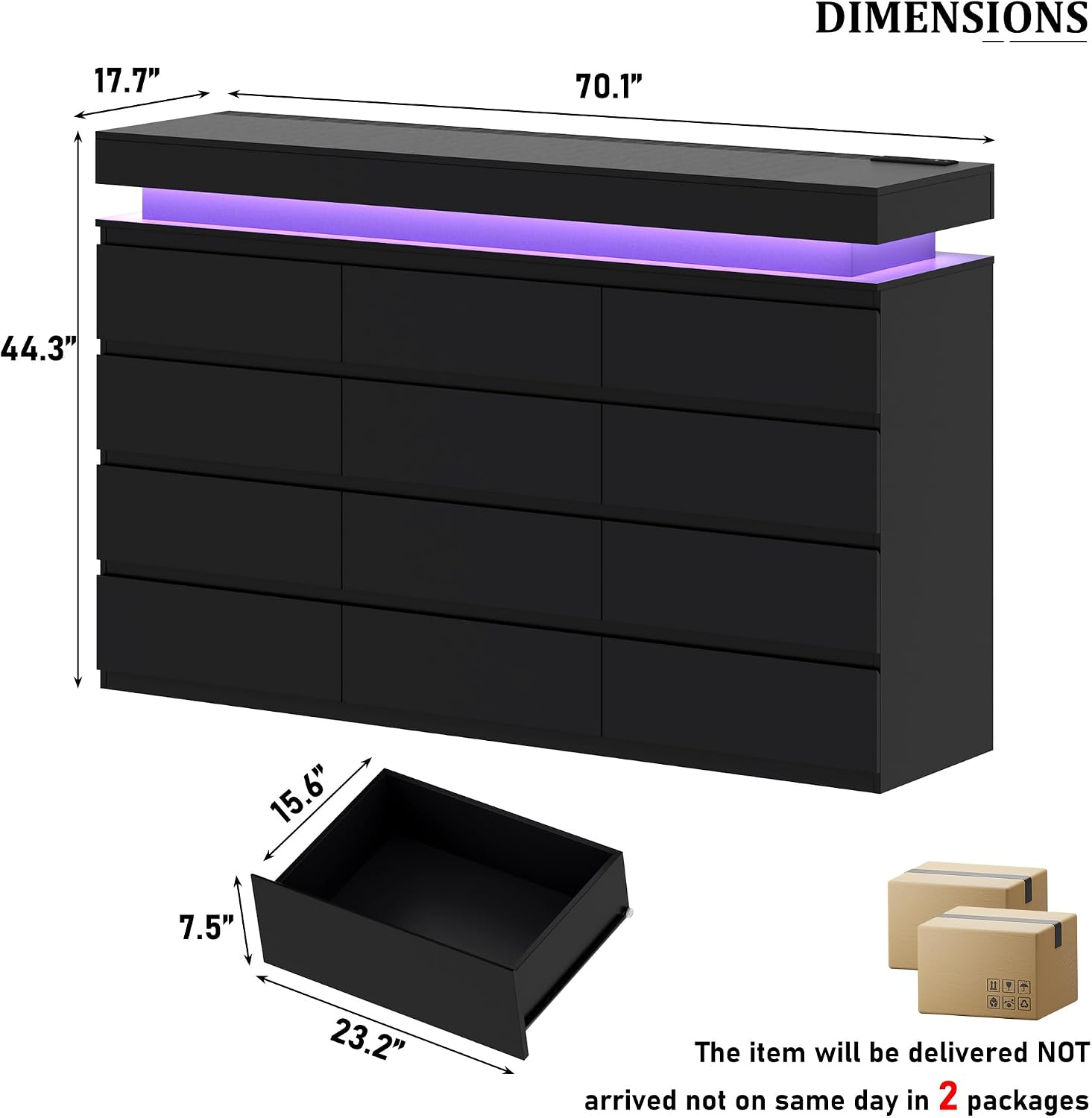 Black LED Charging 12-Drawer Wide Dresser