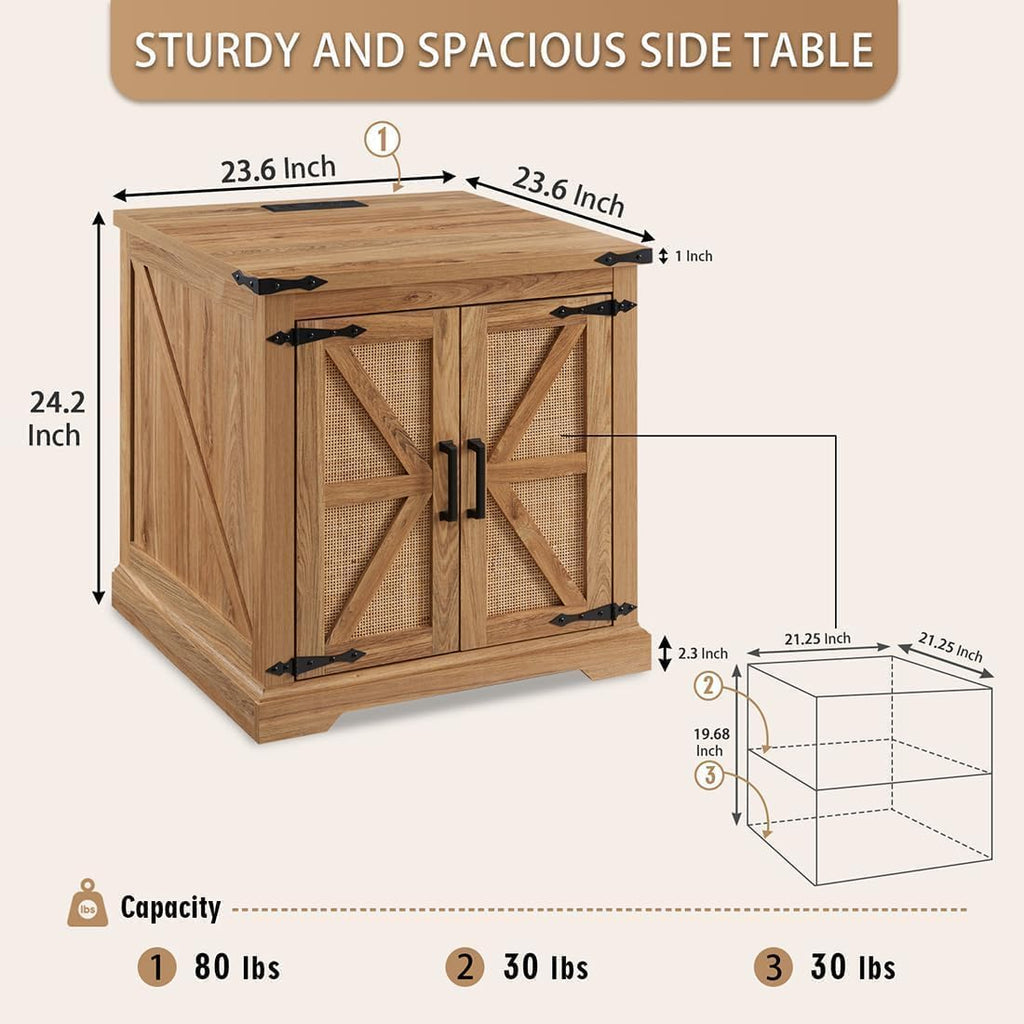 Natural Rattan Barn Door Farmhouse Side Table