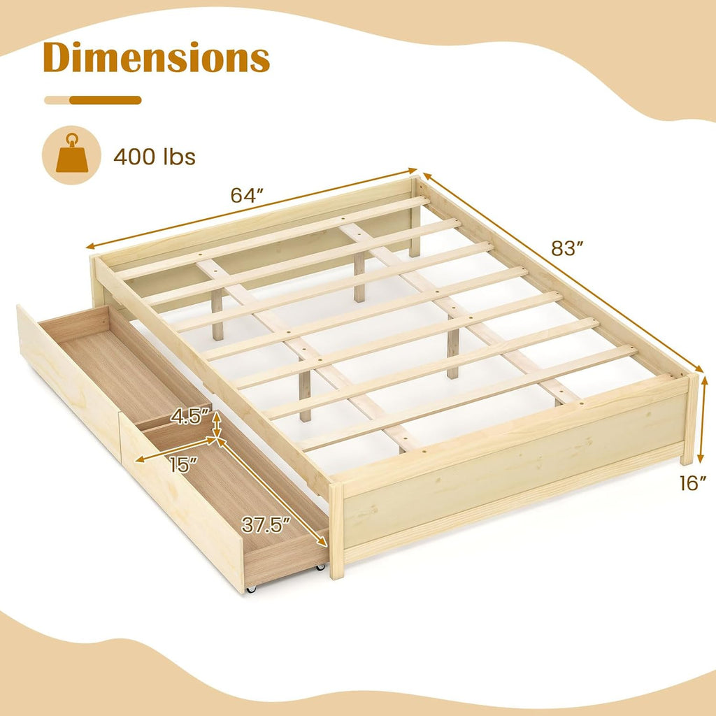 Natural Queen Wood Storage Drawer Bed Frame