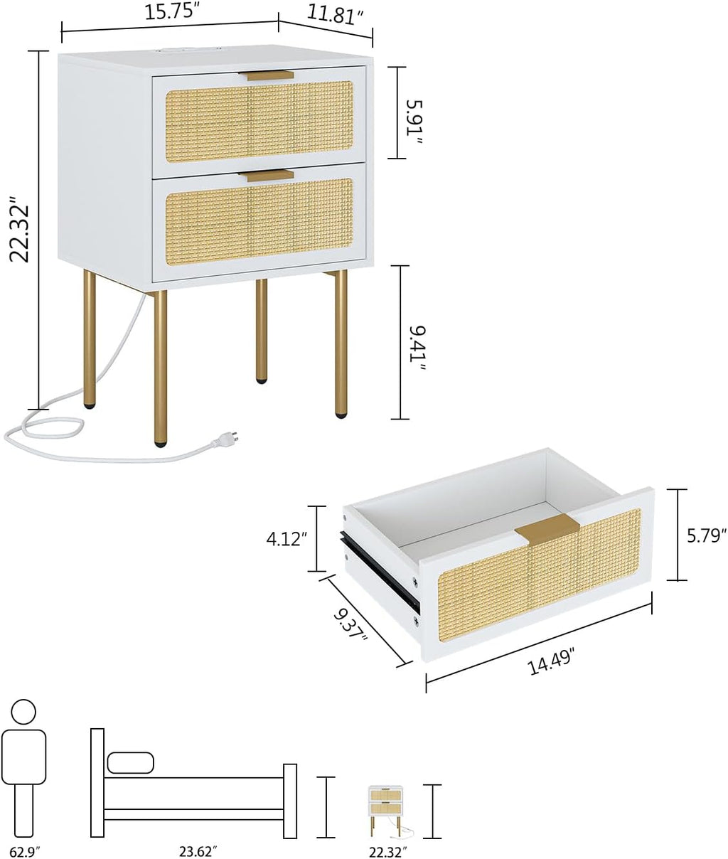 White Gold Frame Rattan 2-Drawer Nightstand
