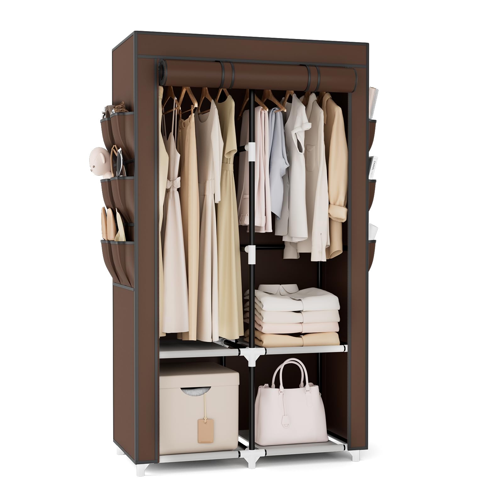 White Covered Multi-Shelf Portable Wardrobe