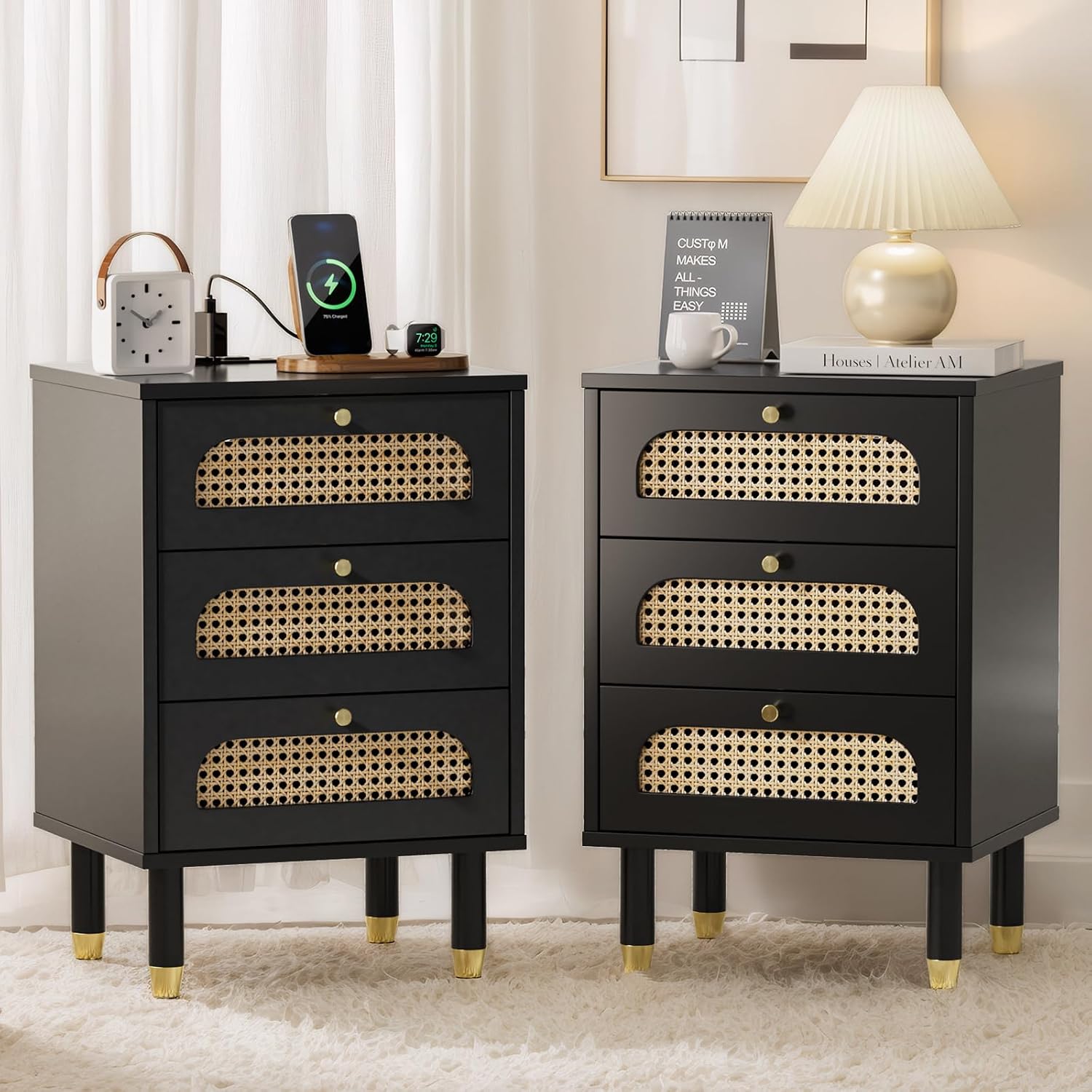 Black Rattan 3-Drawer Nightstand Set of 2