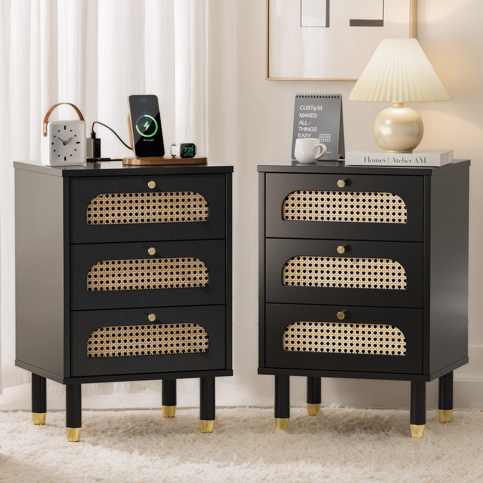 Black Rattan 3-Drawer Nightstand Set of 2