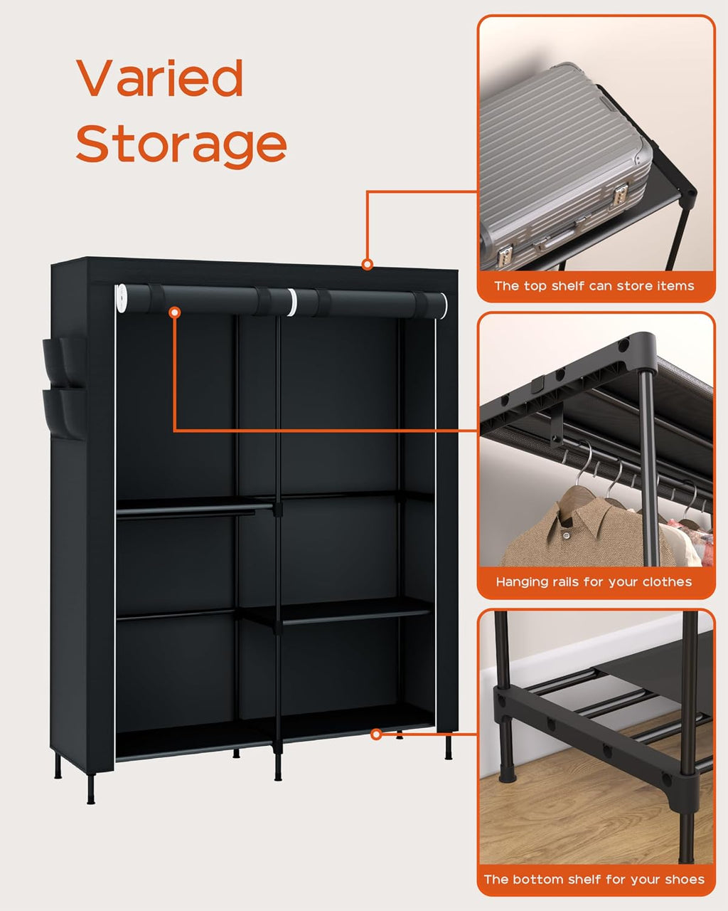 Black Covered 3-Rod Portable Wardrobe Closet