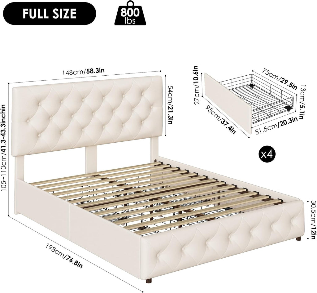 Beige Tufted Full Storage Drawer Bed Frame