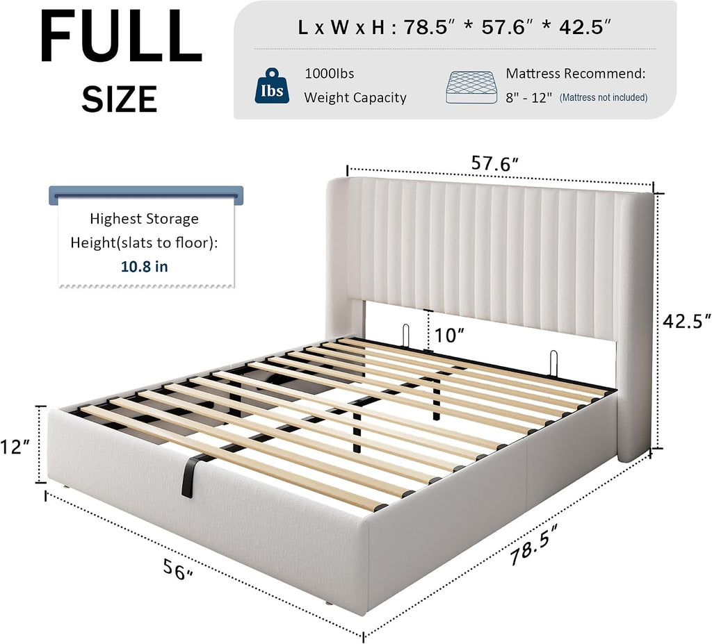 White Velvet Wingback Hydraulic Storage Bed