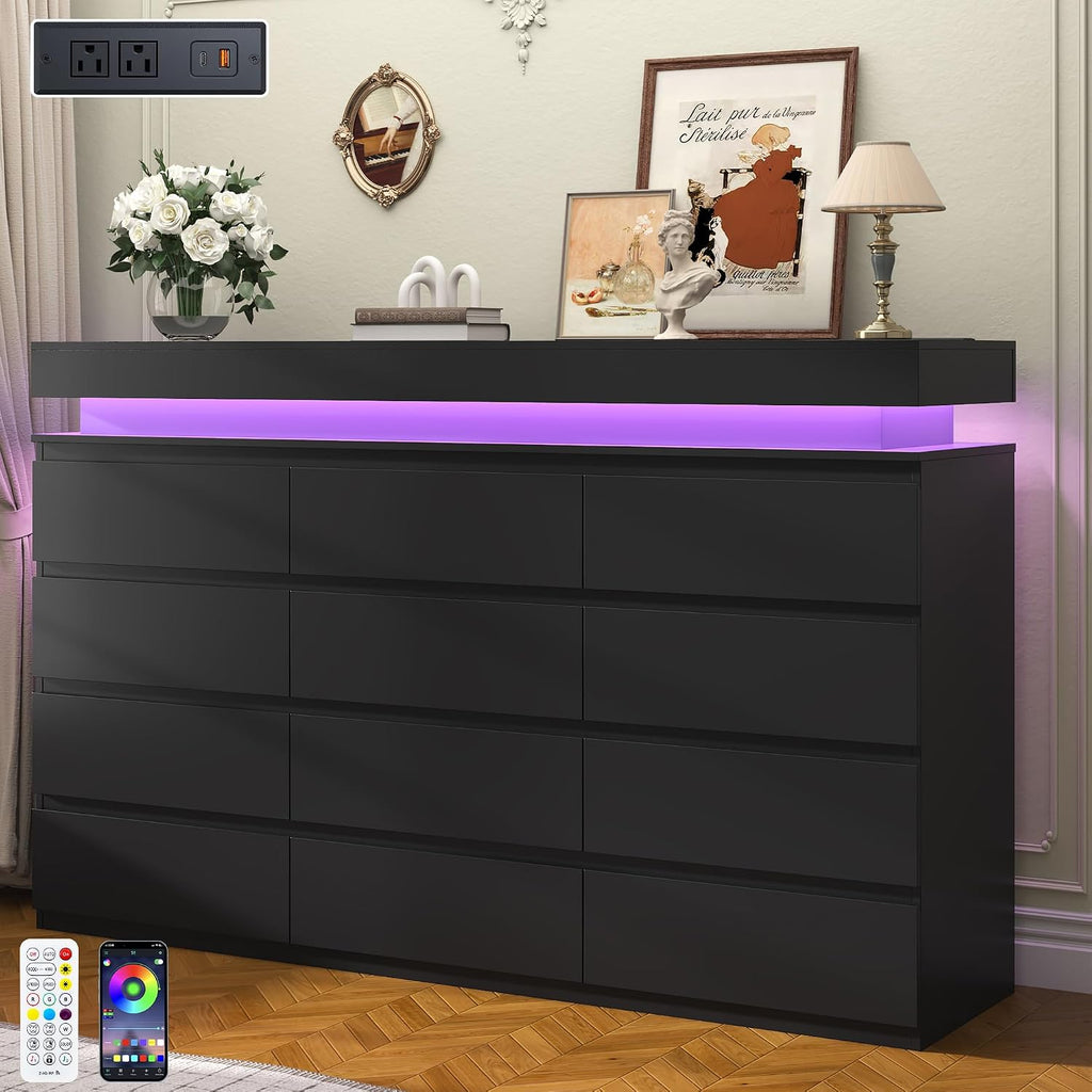 Black LED Charging 12-Drawer Wide Dresser