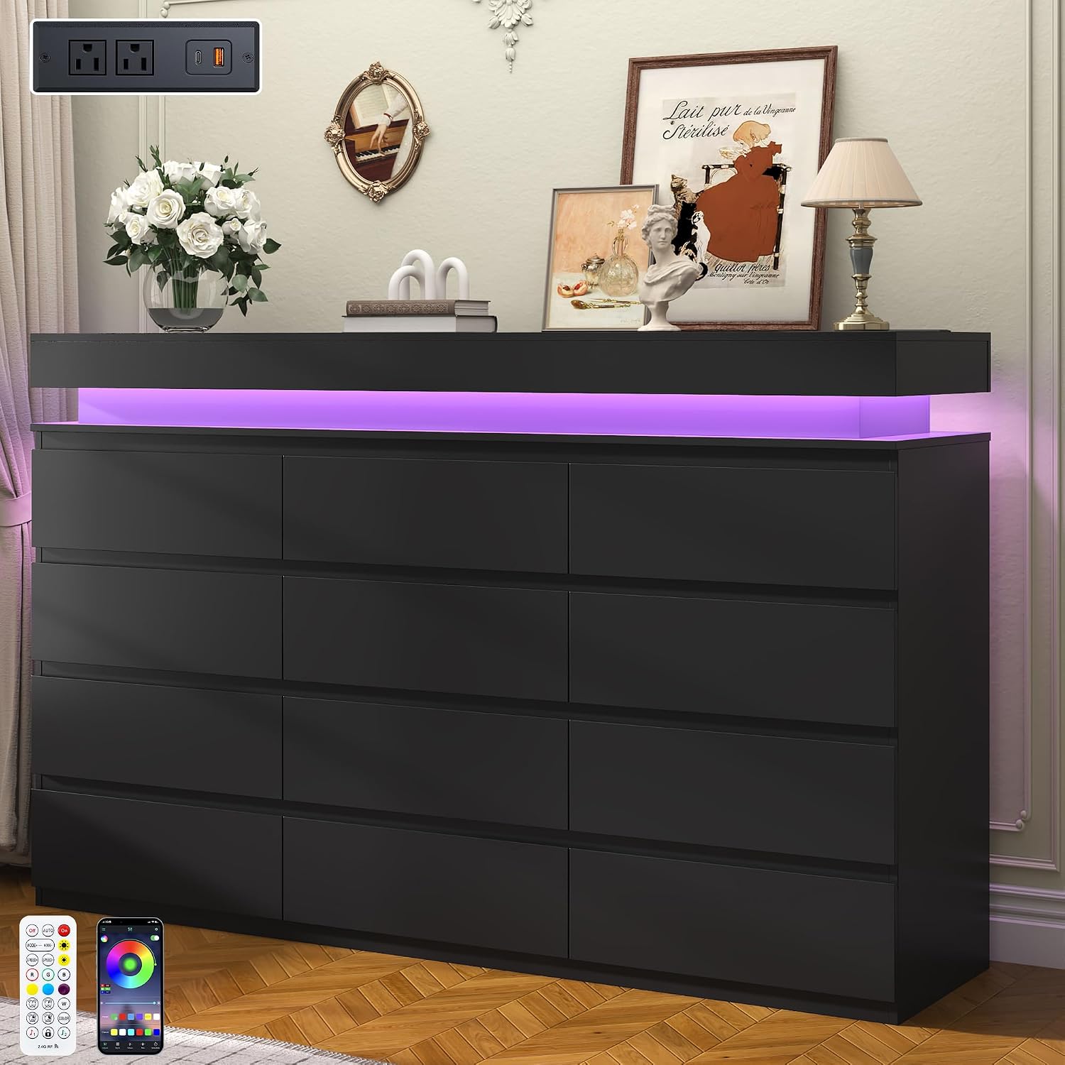 Black LED Charging 12-Drawer Wide Dresser