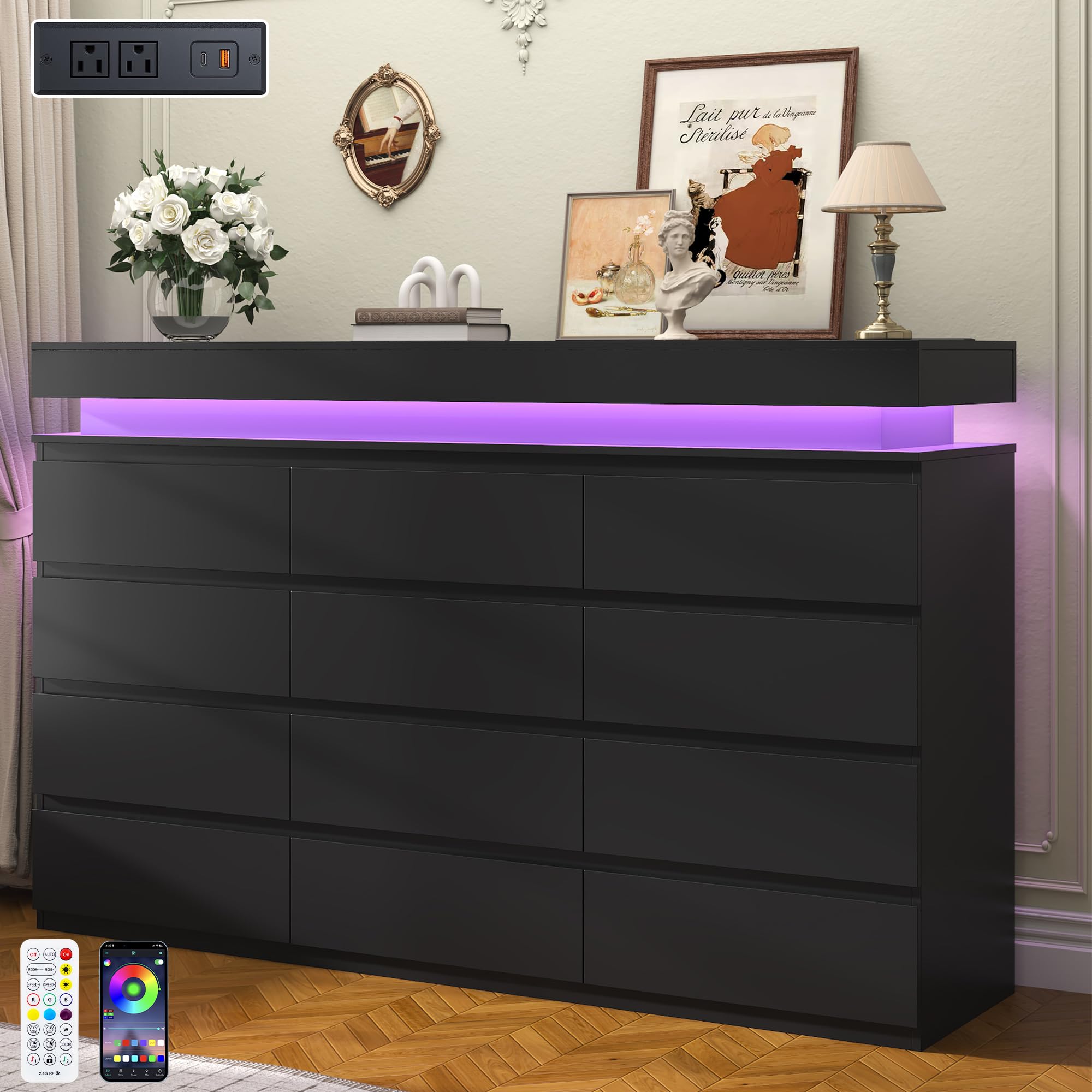 Black LED Charging 12-Drawer Wide Dresser