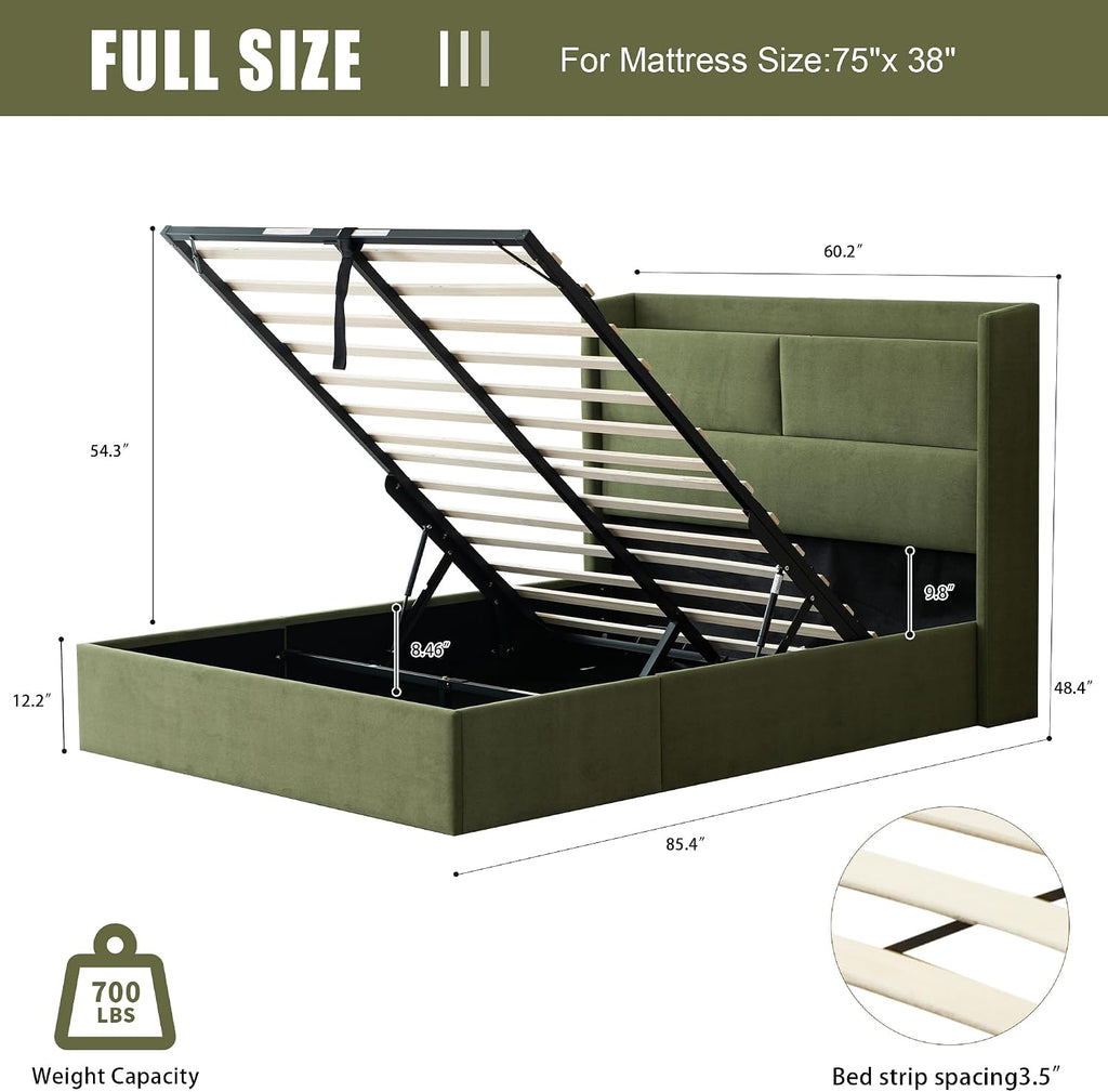 Green Wingback Hydraulic Full Storage Bed