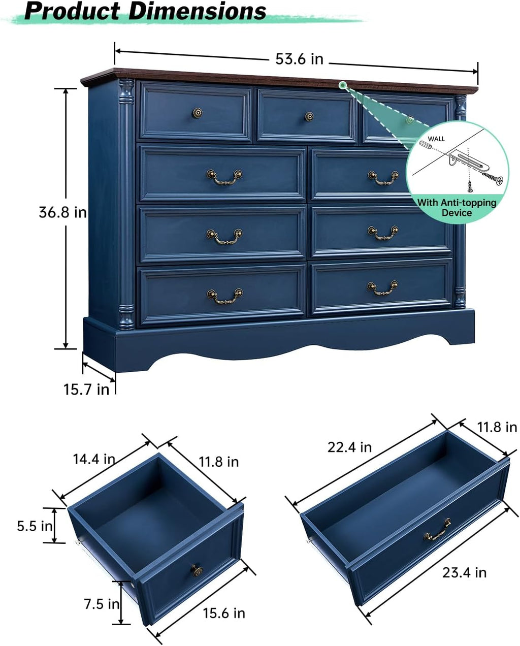 Vintage Farmhouse 9-Drawer Charging Dresser