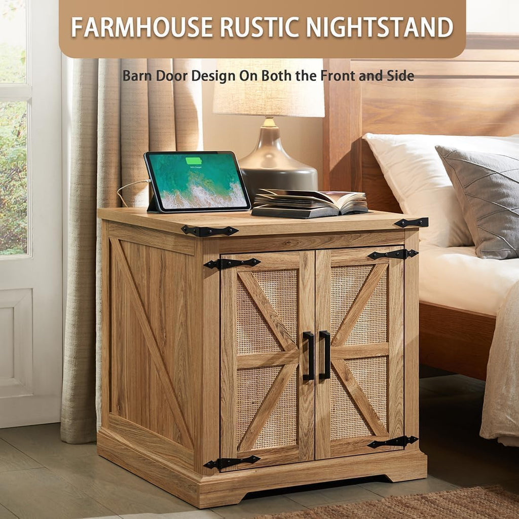 Natural Rattan Barn Door Farmhouse Side Table