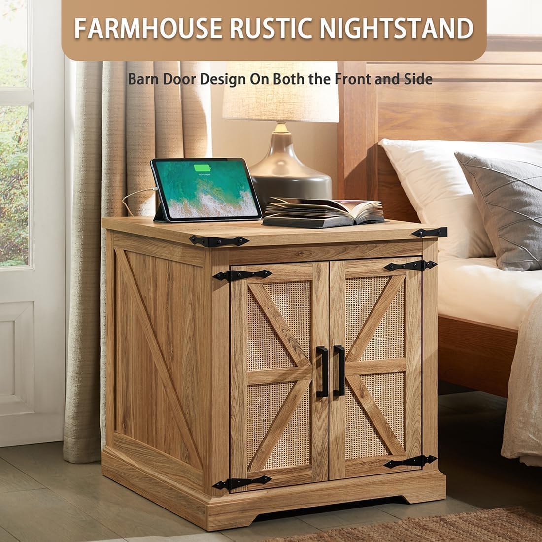 Natural Rattan Barn Door Farmhouse Side Table