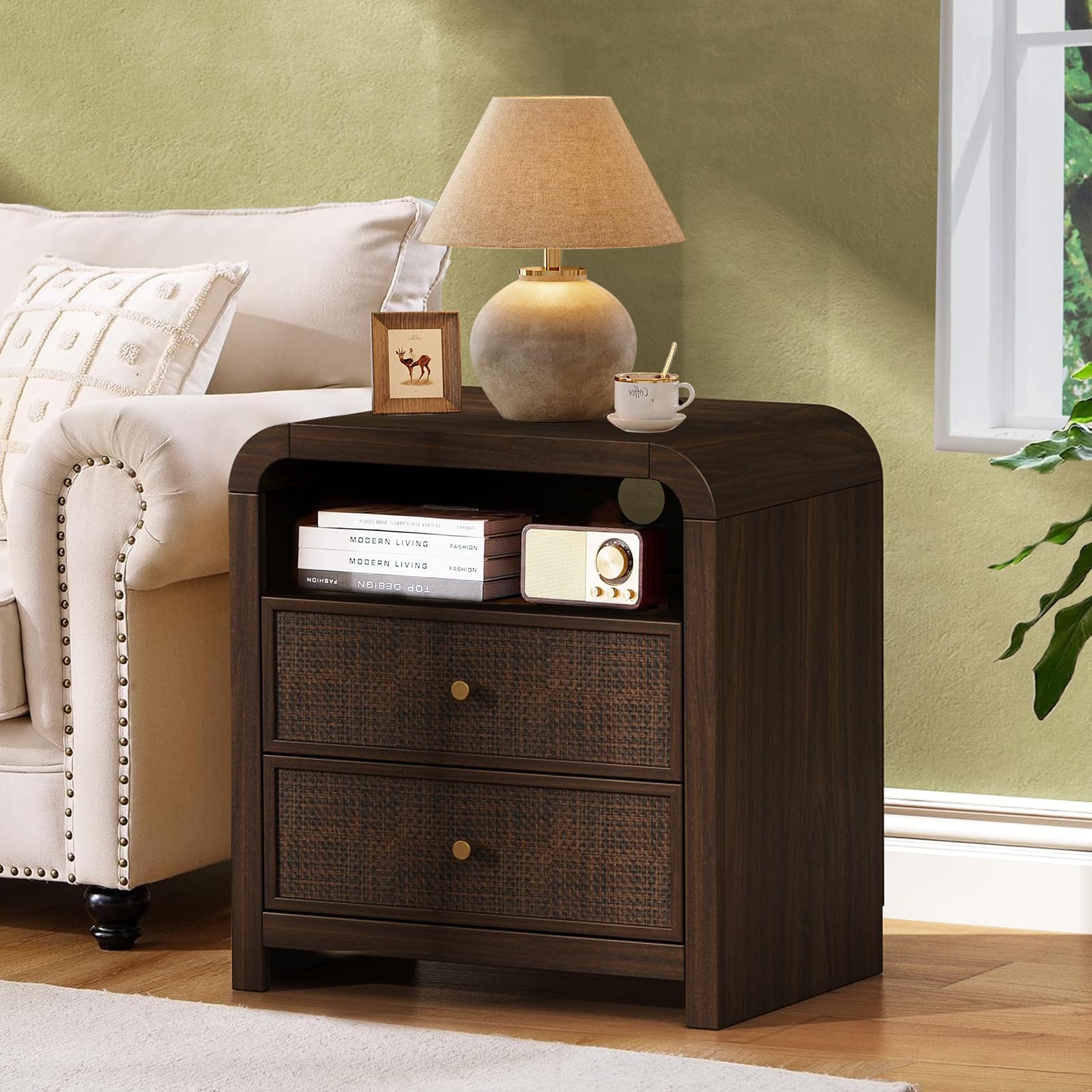 Curved Oak Rattan Charging Nightstands Set of 2