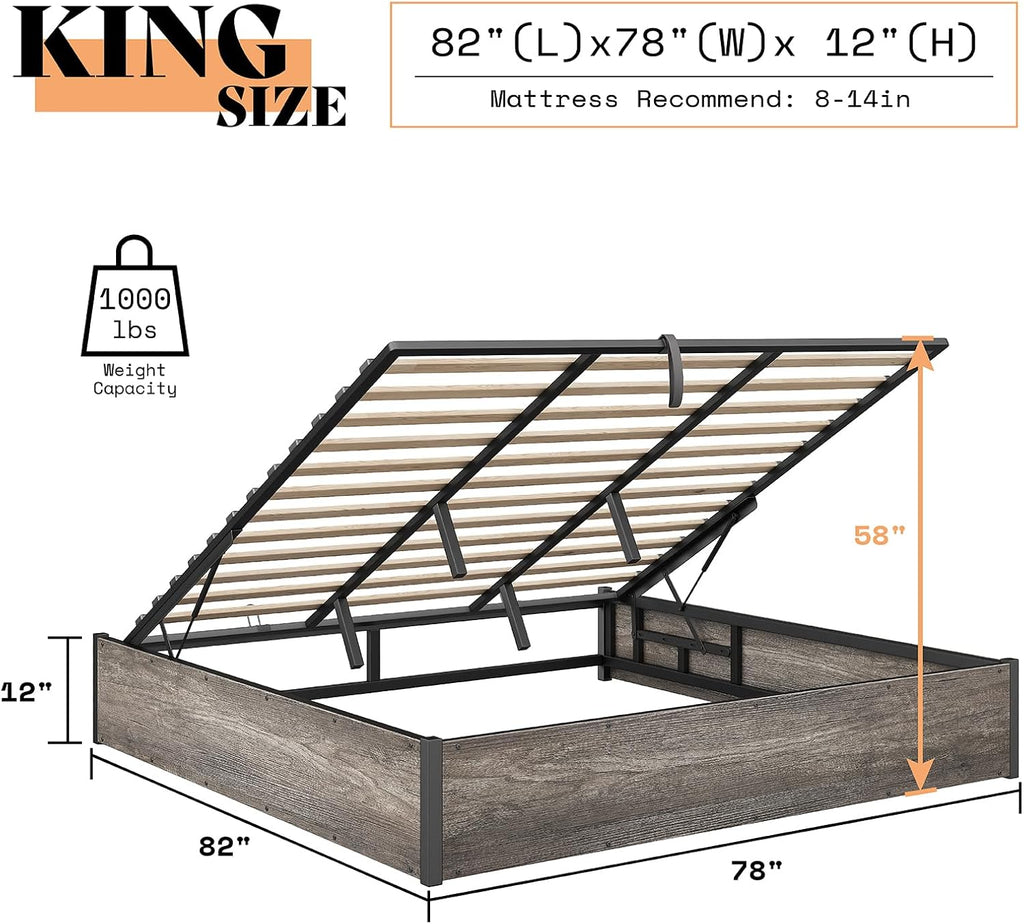 Rustic Grey King Lift Storage Bed Frame