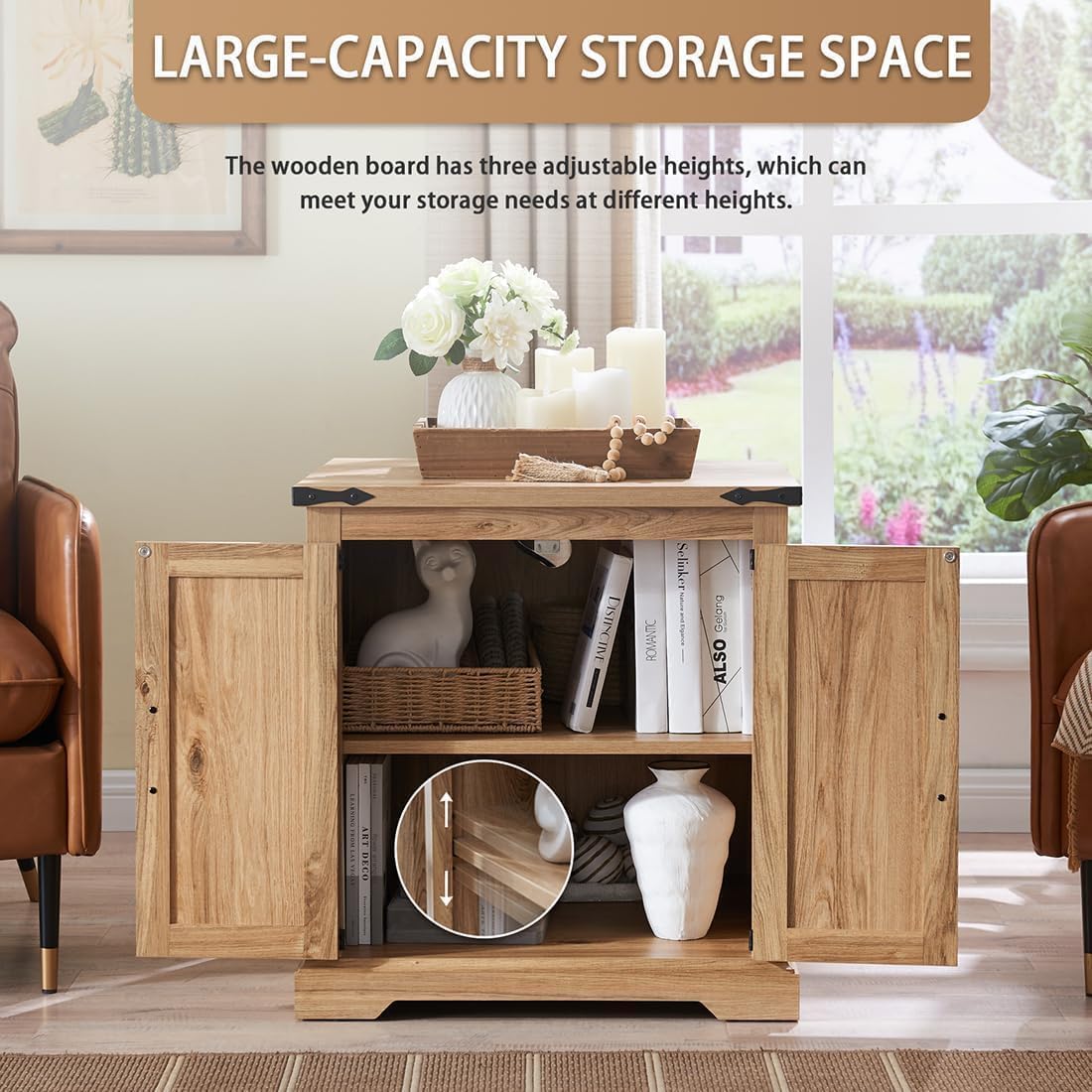 Natural Rattan Barn Door Farmhouse Side Table