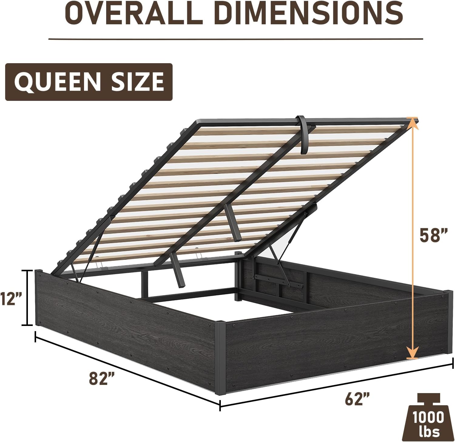 Black Queen Metal Lift Storage Bed Frame