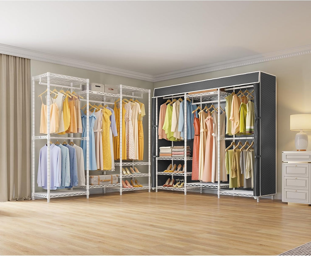 White Frame Black Cover Adjustable Garment Rack