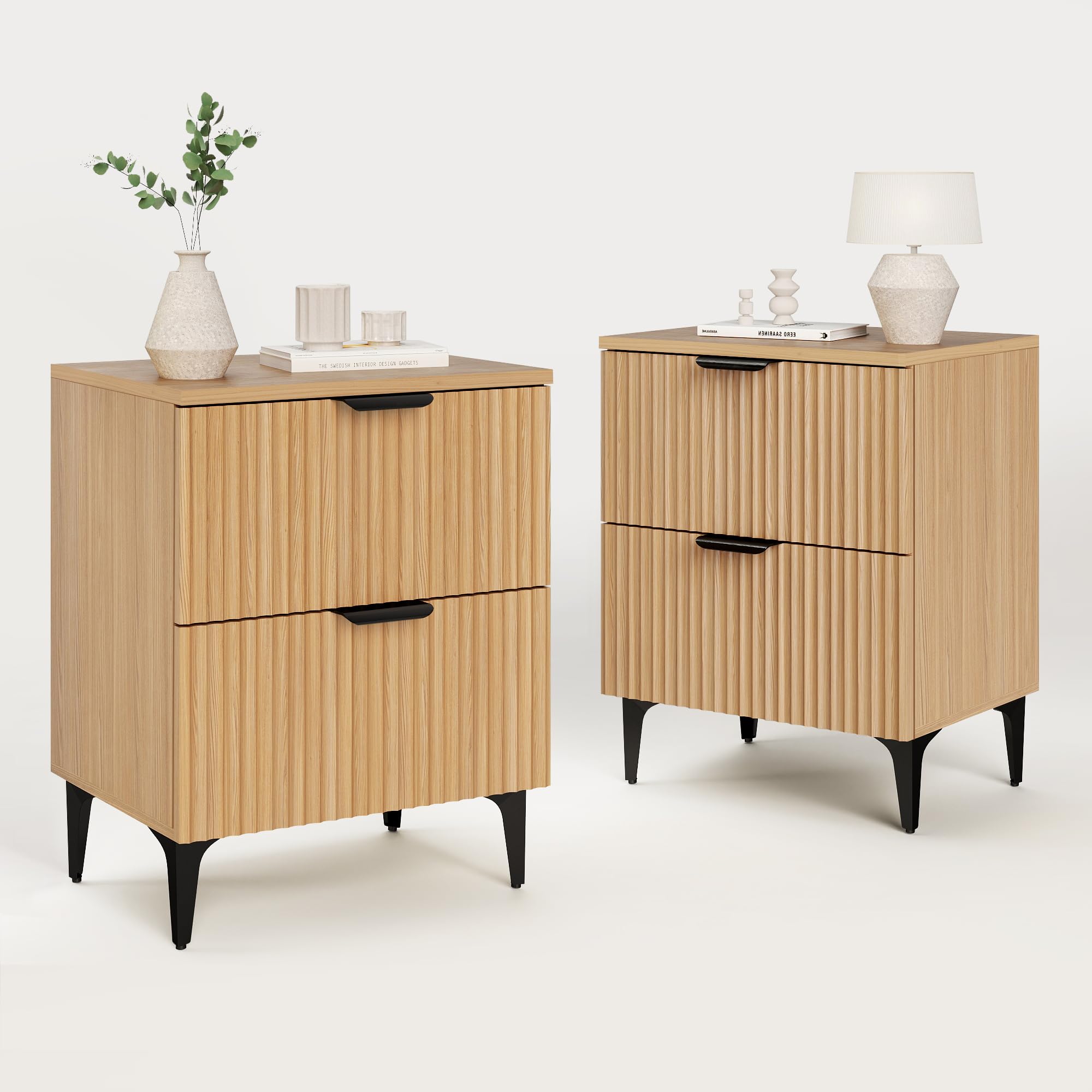 Black Fluted 2-Drawer Nightstand Set of 2
