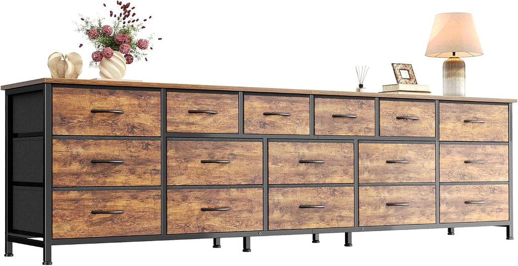 Rustic Brown 16-Drawer Wide Fabric Dresser