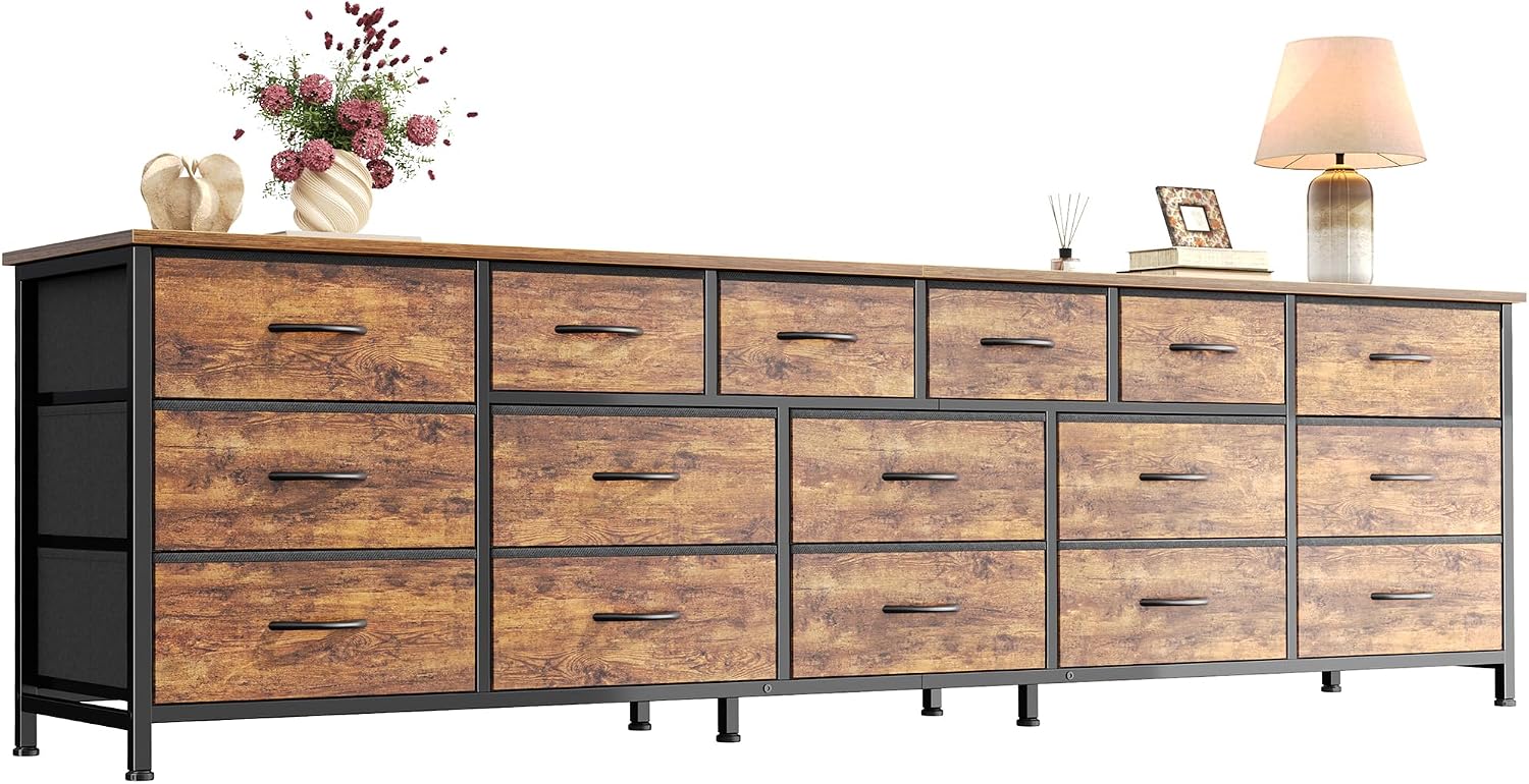 Rustic Brown 16-Drawer Wide Fabric Dresser