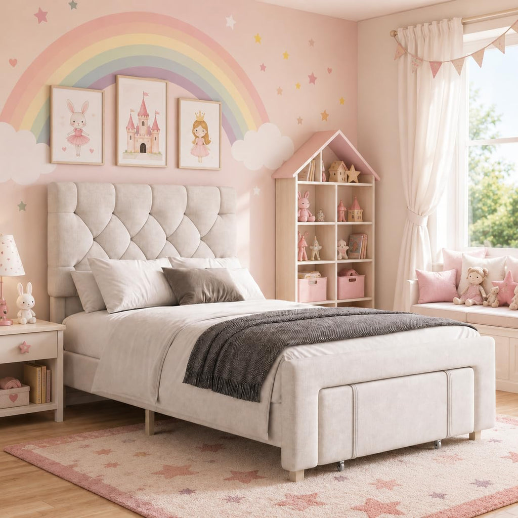 Beige King Upholstered Drawer Storage Bed