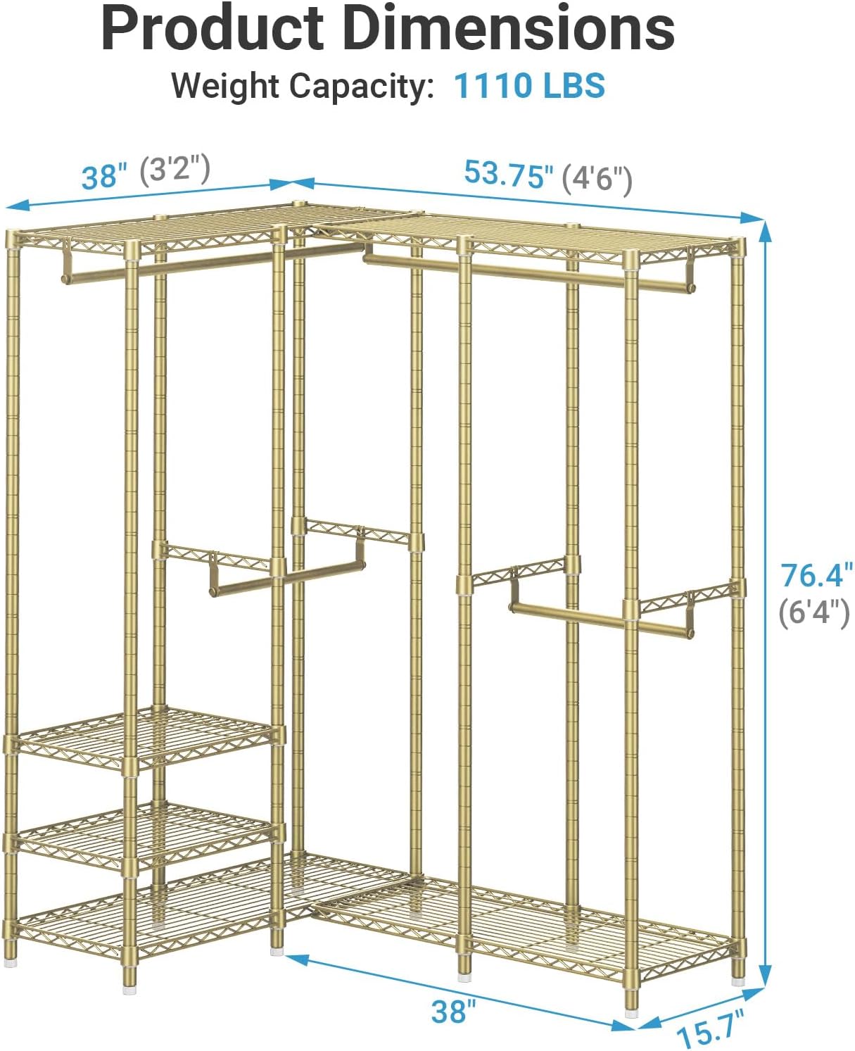 Gold L-Shaped 1110LBS Corner Garment Rack