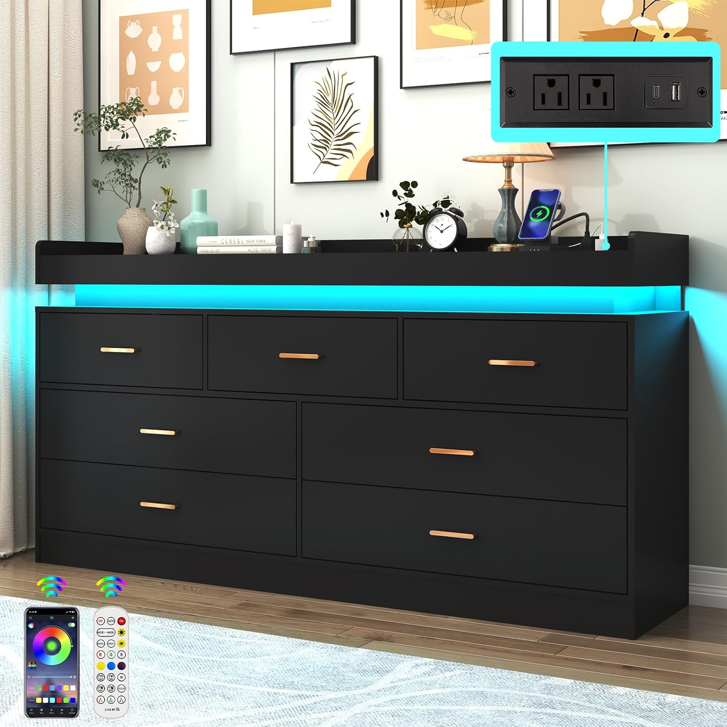 Black LED Charging 7-Drawer Modern Dresser