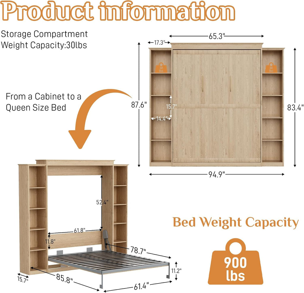 Natural Wood Queen Foldable Wall Murphy Bed