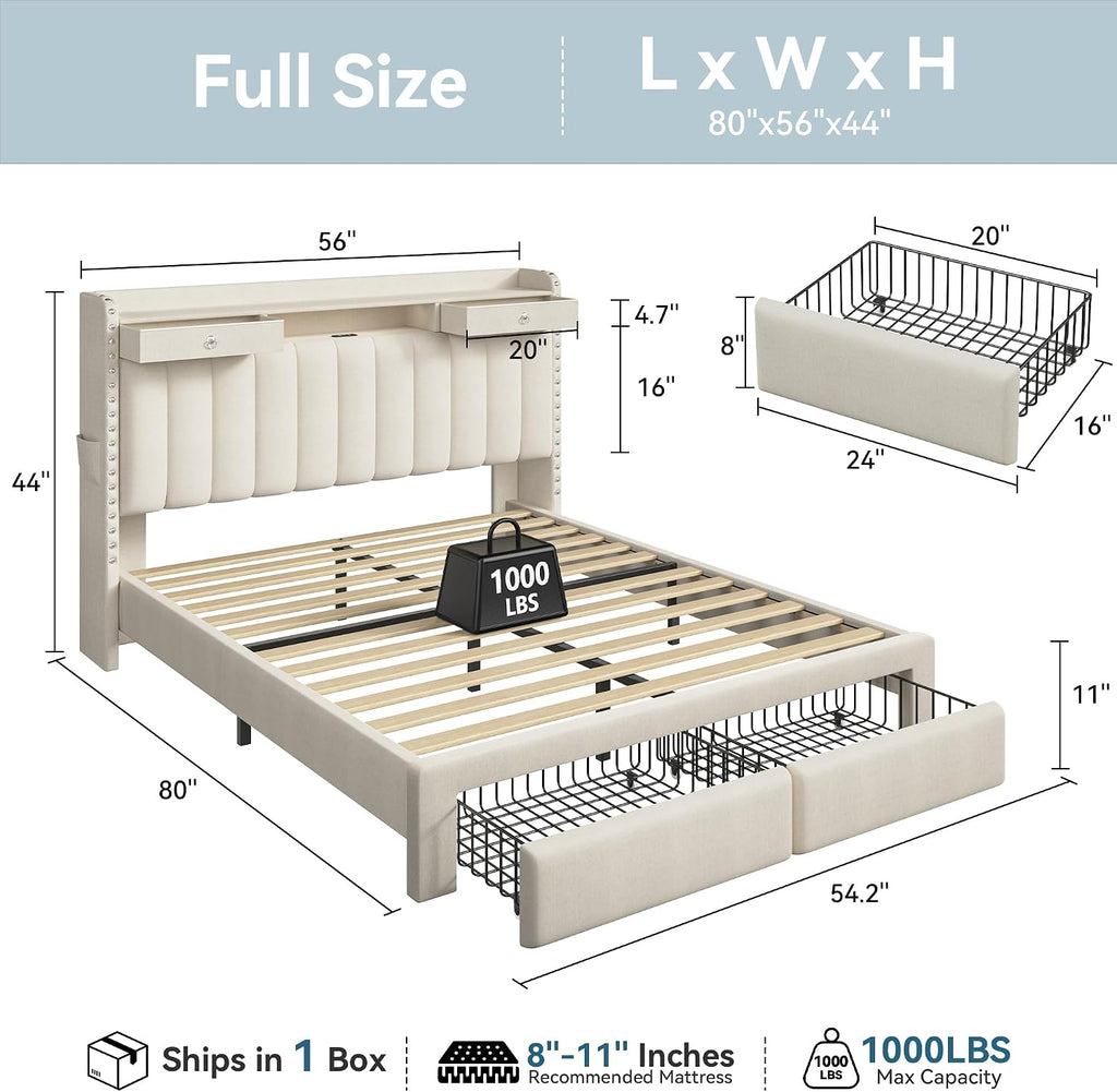 Beige Linen Charging Storage Full Bed Frame
