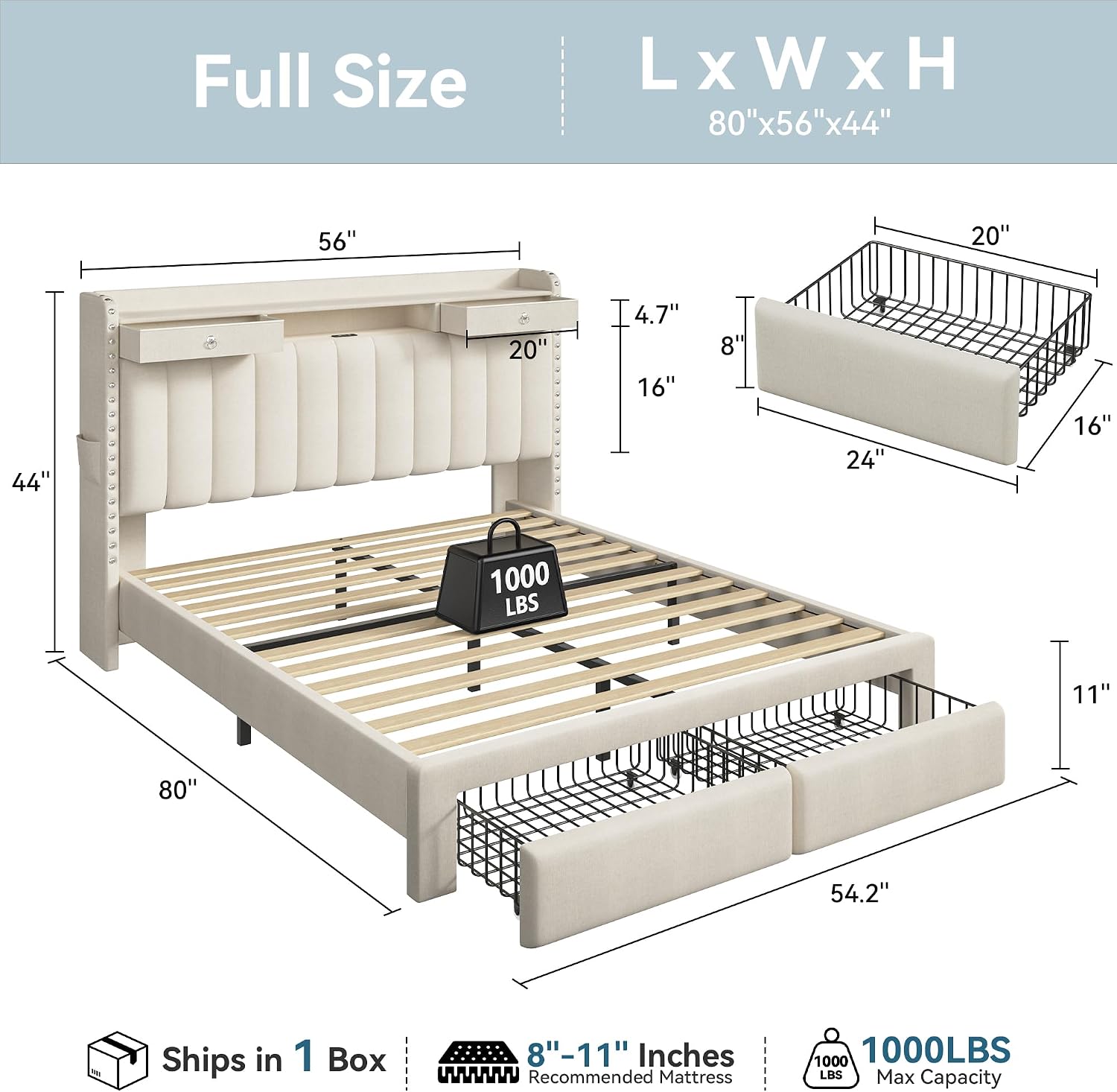 Beige Linen Charging Storage Full Bed Frame
