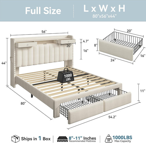 Beige Linen Charging Storage Full Bed Frame