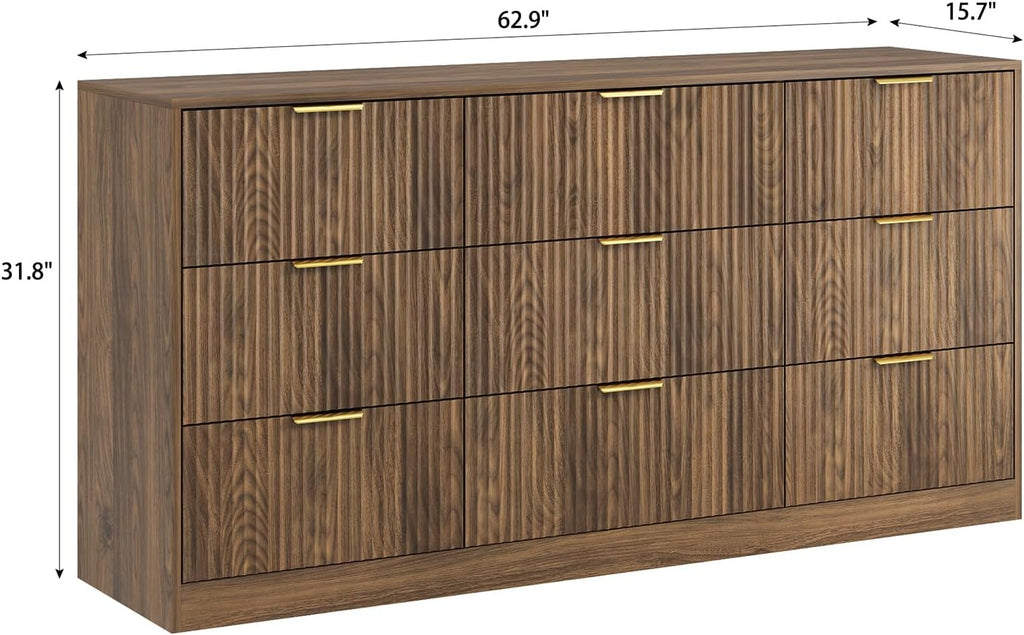 Walnut Fluted 9-Drawer Mid Century Dresser