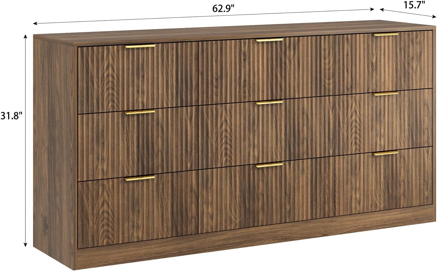Walnut Fluted 9-Drawer Mid Century Dresser