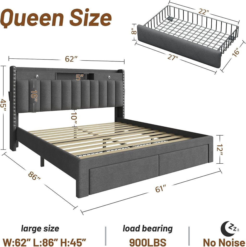Dark Grey USB Charging Storage Queen Bed Frame