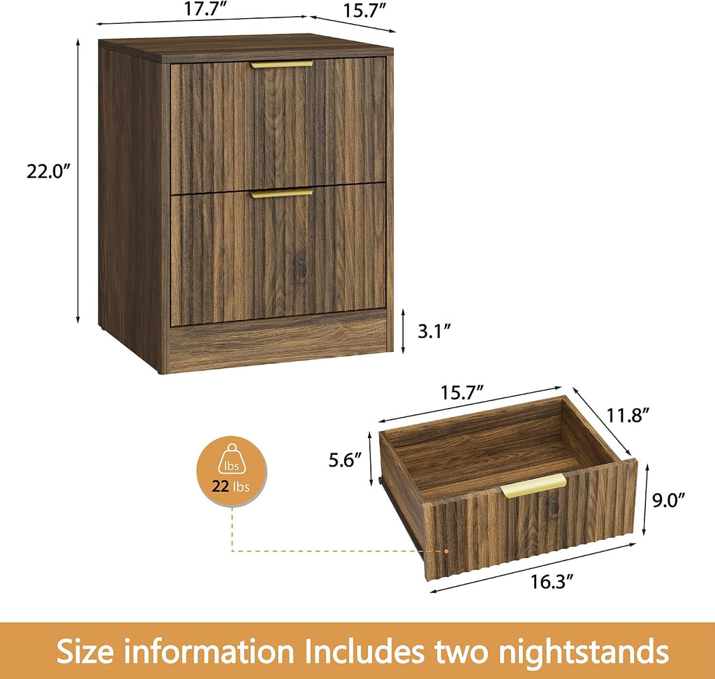 Walnut Fluted 2-Drawer Nightstand Set of 2