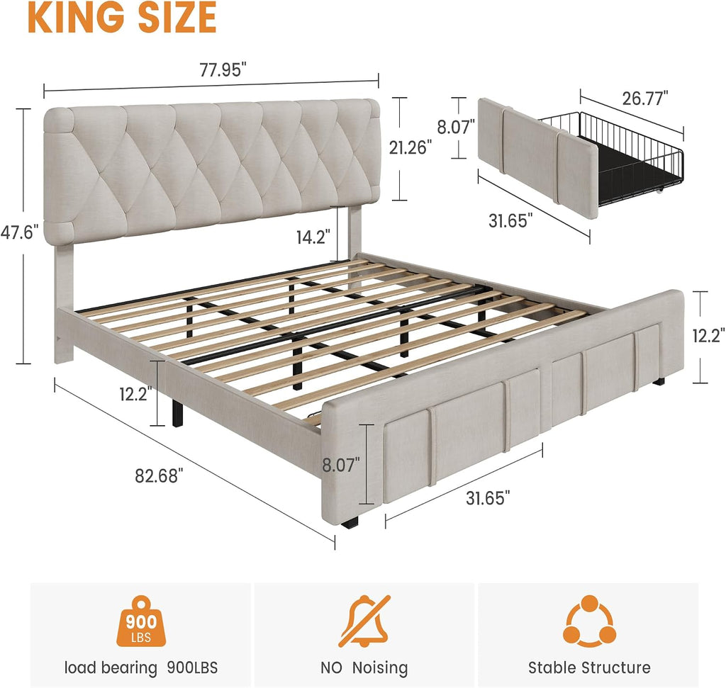 Beige King Upholstered Drawer Storage Bed