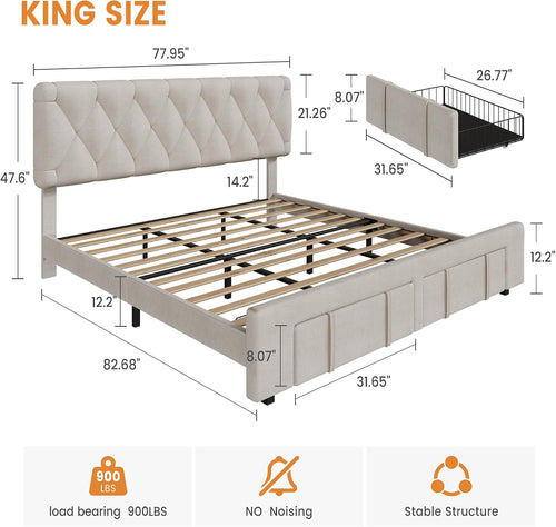 Beige King Upholstered Drawer Storage Bed