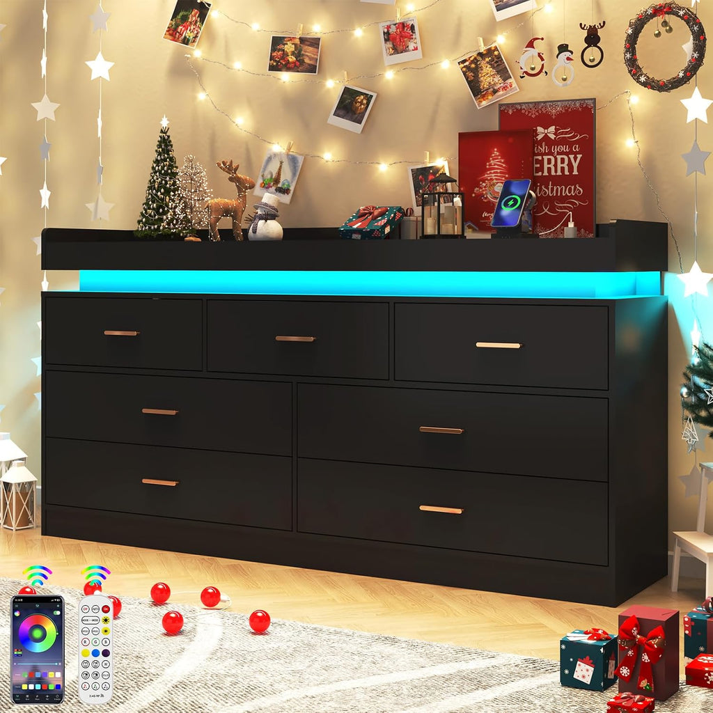 Black LED Charging 7-Drawer Modern Dresser