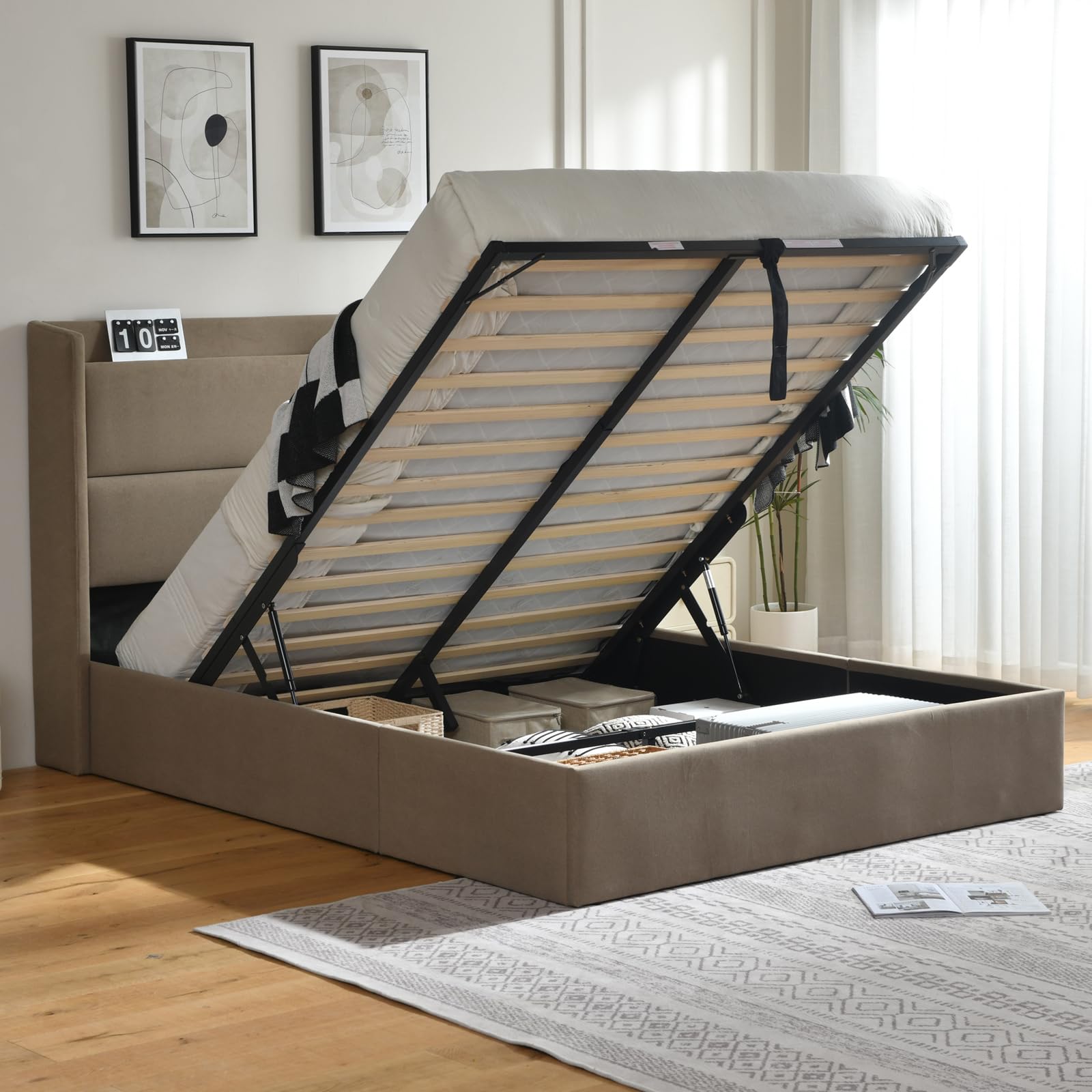 Green Wingback Hydraulic Full Storage Bed