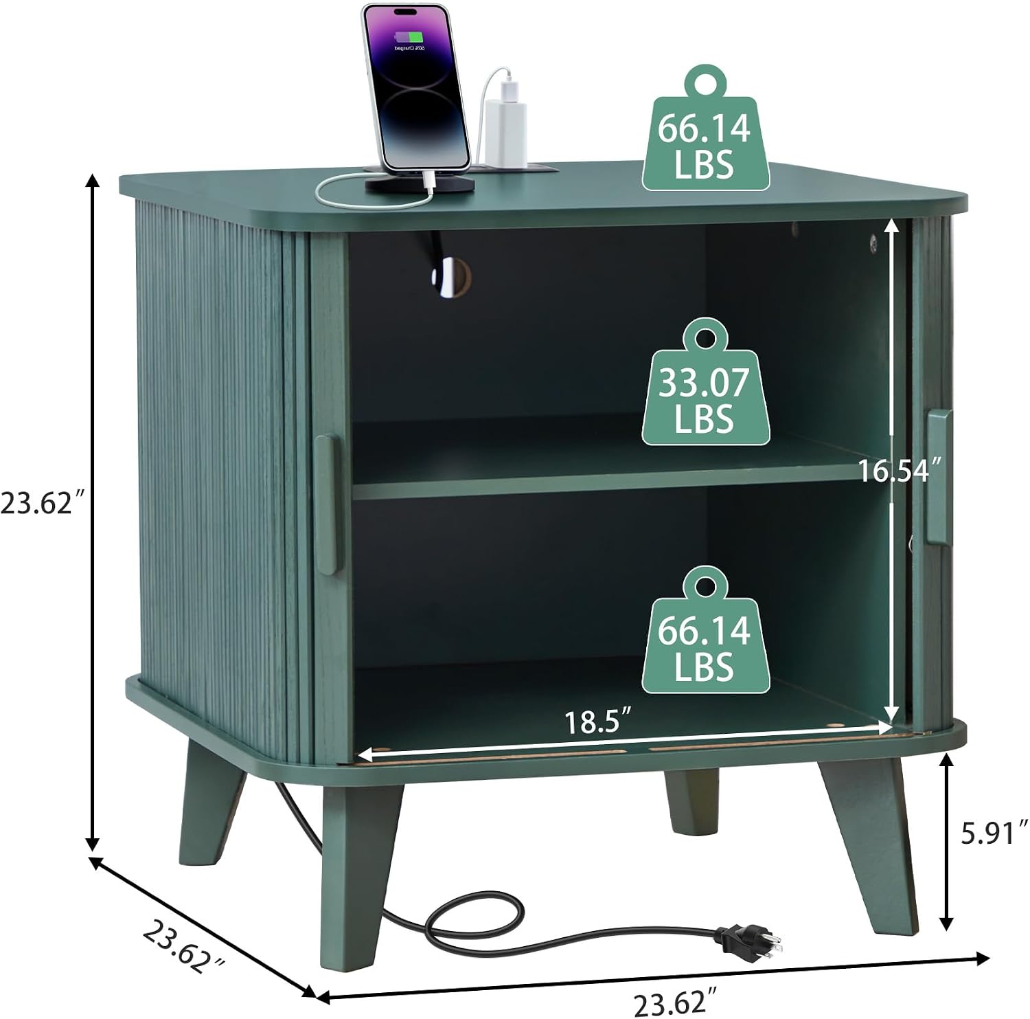 Green Fluted Curved Charging Station End Table