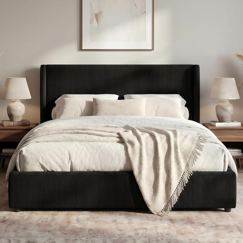 Black Corduroy Gas Lift Storage Bed Frame