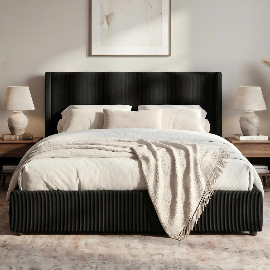 Black Corduroy Gas Lift Storage Bed Frame