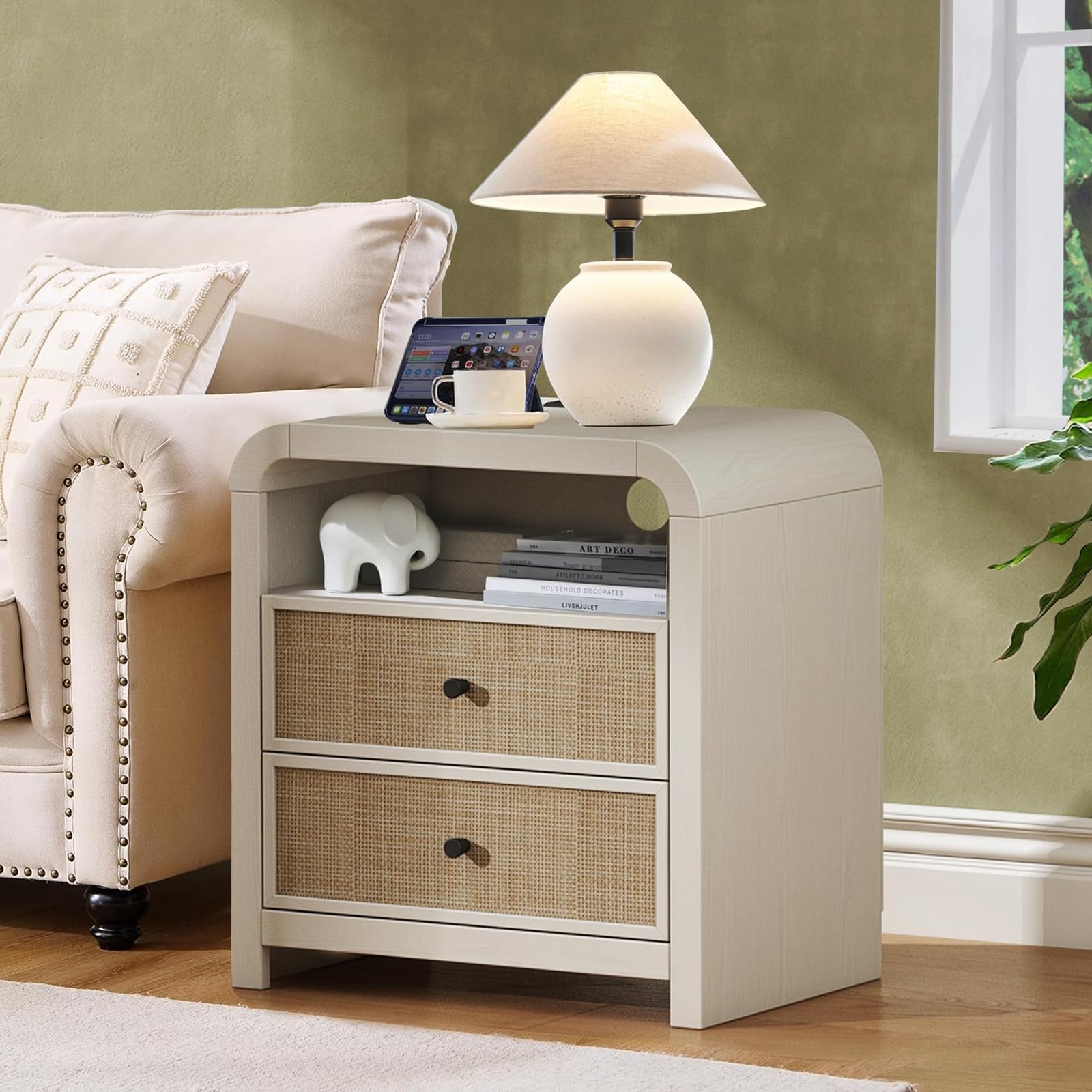 Curved Oak Rattan Charging Nightstands Set of 2